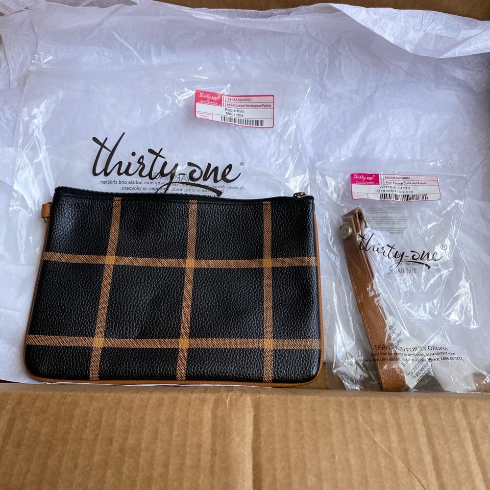 (8404) Rubie Mini in Caramel Windowpane Pebble print $26 with Caramel Wristlet10